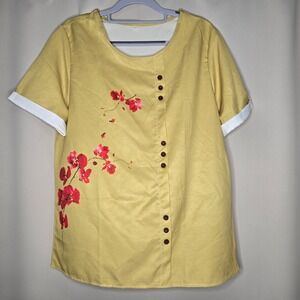 Women's Asian Inspired Top Floral Button Front Short Sleeve L